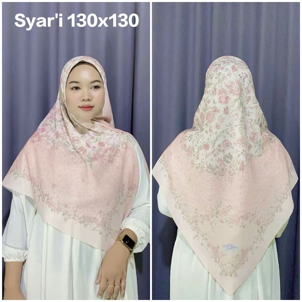HIJAB JUMBO SYAR'I SEGI EMPAT VOAL MOTIF BUNGA PINK UK 130X130