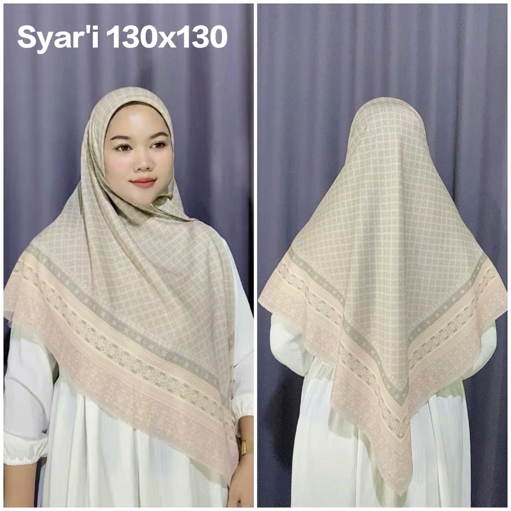 HIJAB JUMBO SYAR'I SEGI EMPAT VOAL MOTIF KOTAK KHAKI UK 130X130