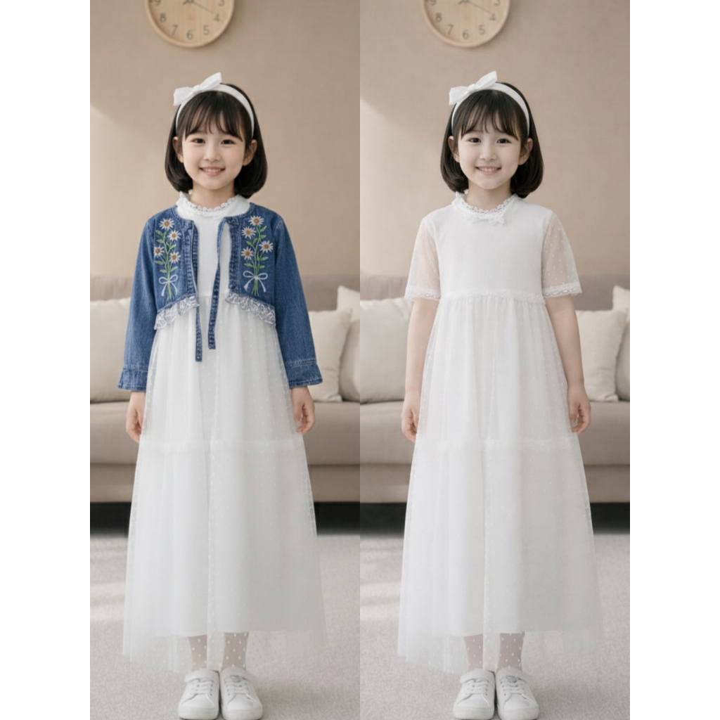 Baju Gamis Daisy Muslimah Terbaru 2026 | BESELLER Gamis impor Rompi Jeans Bunga Mix Tile Brukat Moti