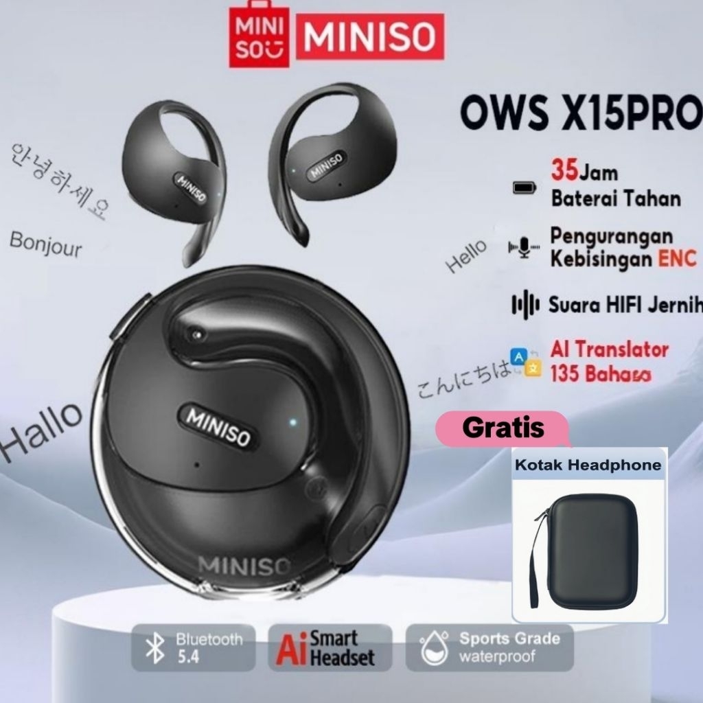 MINISO X15PRO OWS Bluetooth Headset Earphone BT5.4 AI Terjemahan 135 Bahasa HIFI Audio Anti Air IPX5