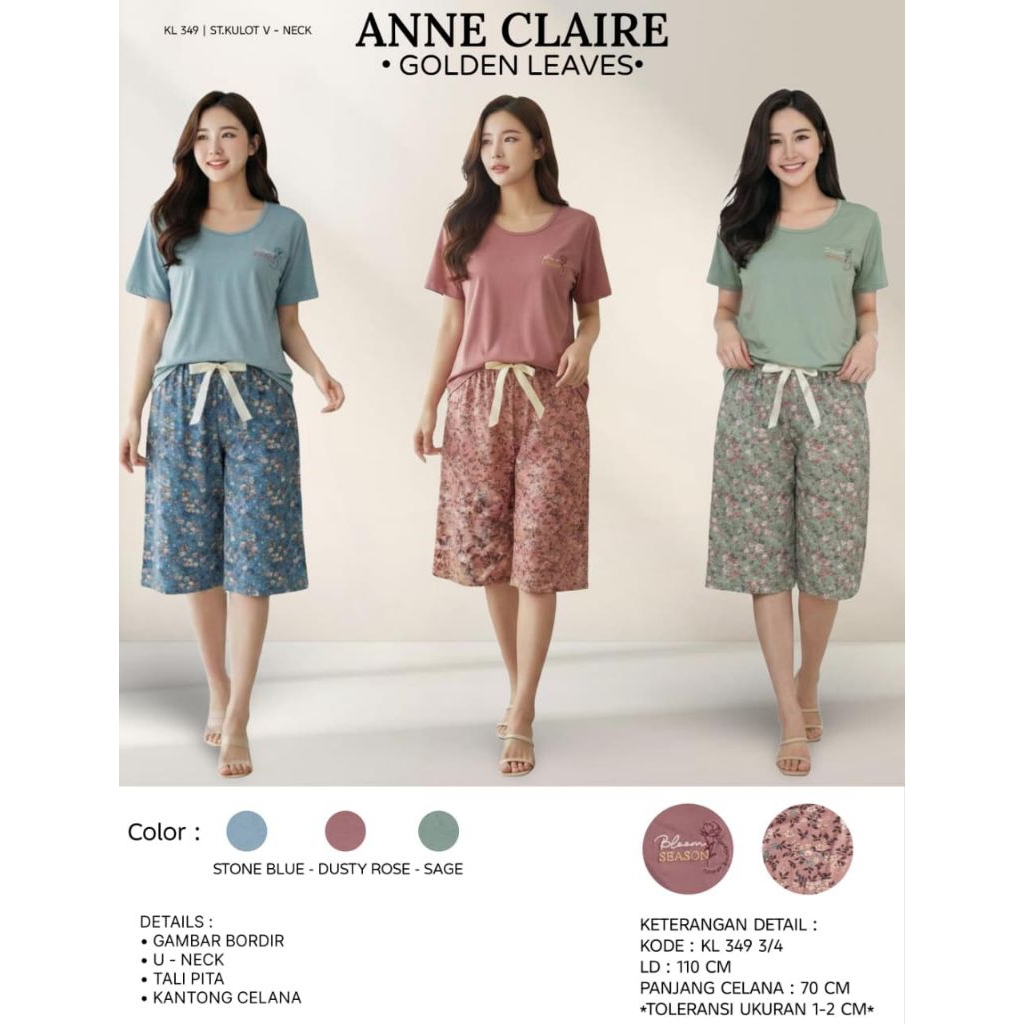 ANNE CLAIRE - Setelan U - Neck Golden Leaves / Setelan Celana Kulot 3/4