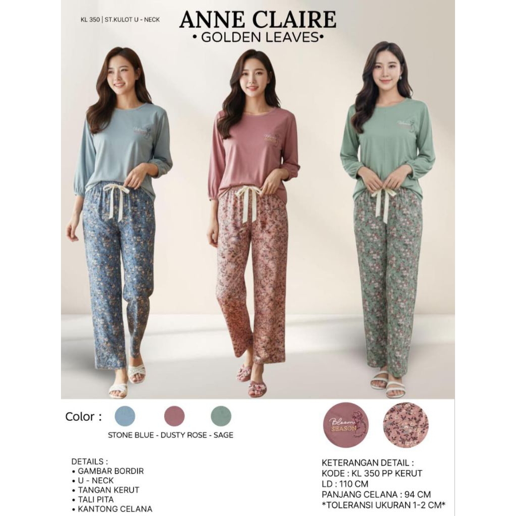 ANNE CLAIRE - Setelan U - Neck Golden Leaves / Setelan Celana Kulot PP Kerut