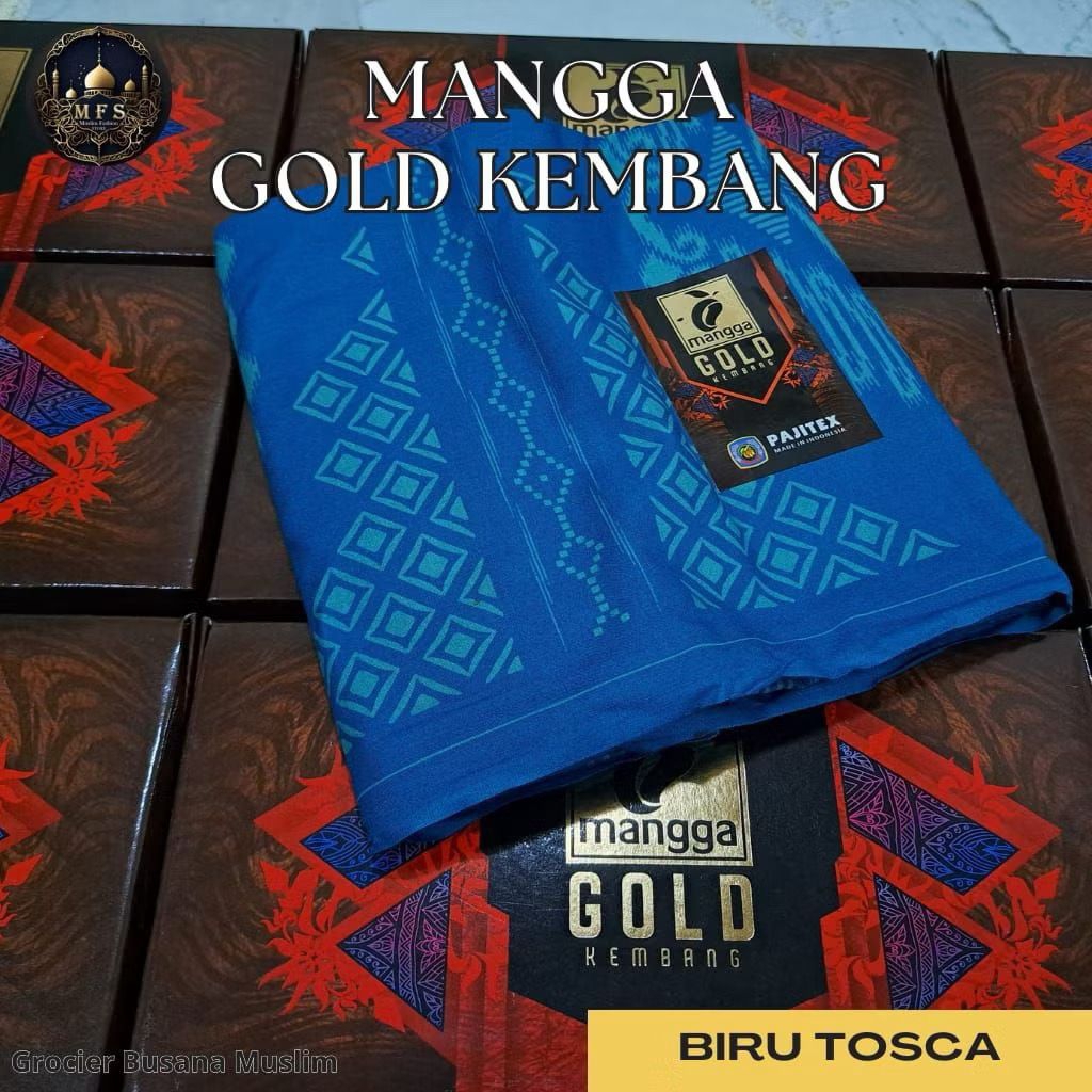 Sarung Premium Mangga Gold Kembang Warna Biru Tosca Nyaman Murah Sarung Muslim Hari Raya Islam