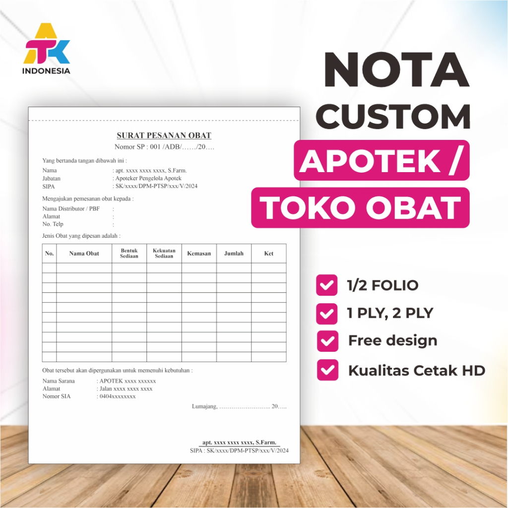 Nota Custom Apotek/Toko Obat [ ATK INDONESIA ] Ukuran 1/2 F4 isi 50 Lembar - Nota Kwitansi NCR 2 Ply