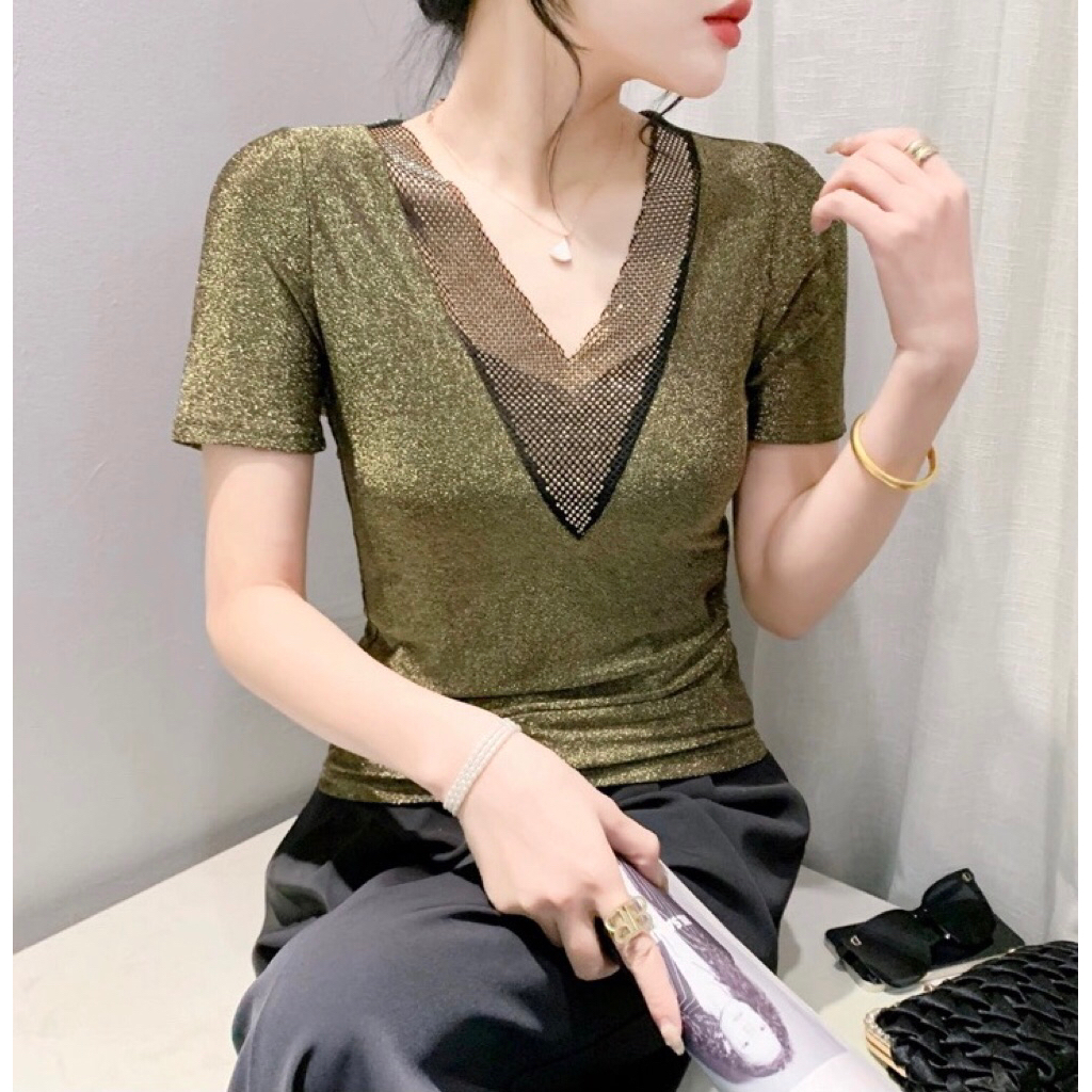 Atasan Wanita Glitter Gold | Blouse Lengan Pendek V-Neck | Elegant Party Top