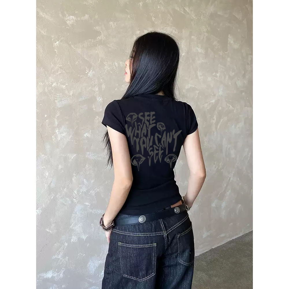 Crop Top Katun Kualitas Tinggi Baju Wanita Amerika Bahu Lurus Kerah Bulat Pendek Cetakan Graffiti Ge