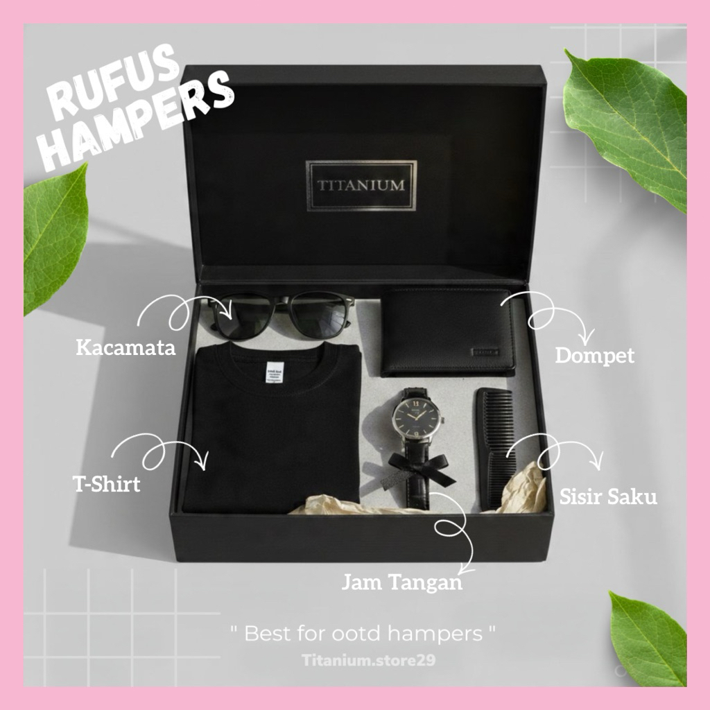 HAMPERS BOX COWOK OUTFIT ELEGAN RUFUS GIFT BOX ULTAH  KADO PACAR TEMA HITAM KAOS DOMPET PARFUME CUST