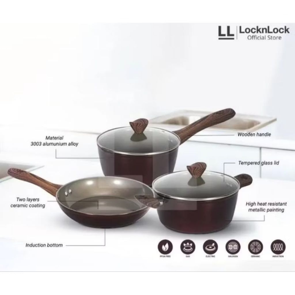 LOCK N LOCK HICKORY SET ALAT MASAK CERAMIC ANTI LENGKET (Seucepan 20cm , carresol , frypan 24cm)