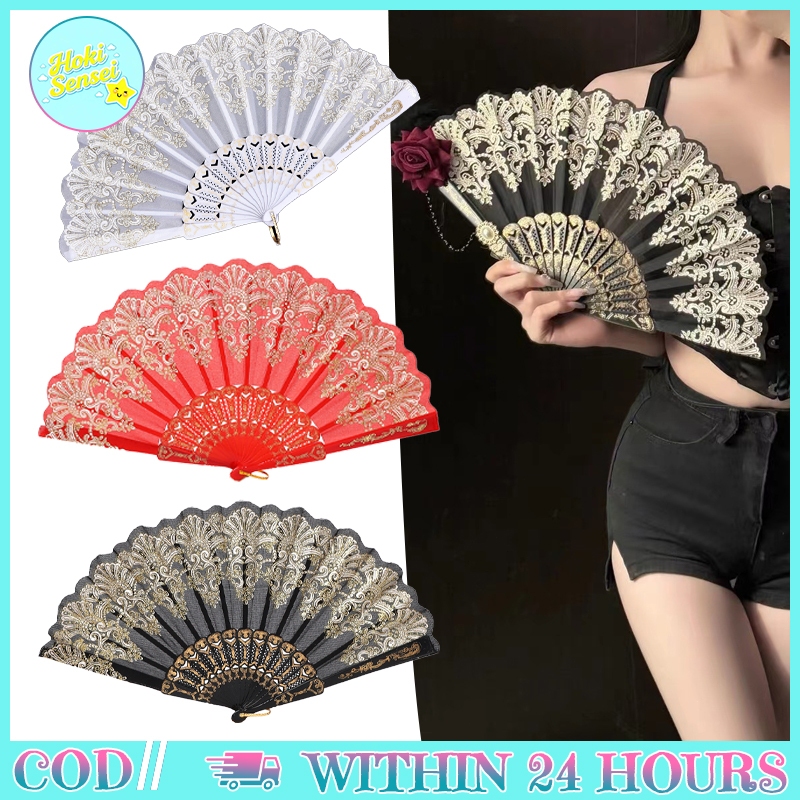 Kipas Lipat Gaya Tionghoa Motif Mega Emas Pinggiran Keemasan Bahan Kain Plastik Merah Hitam Putih