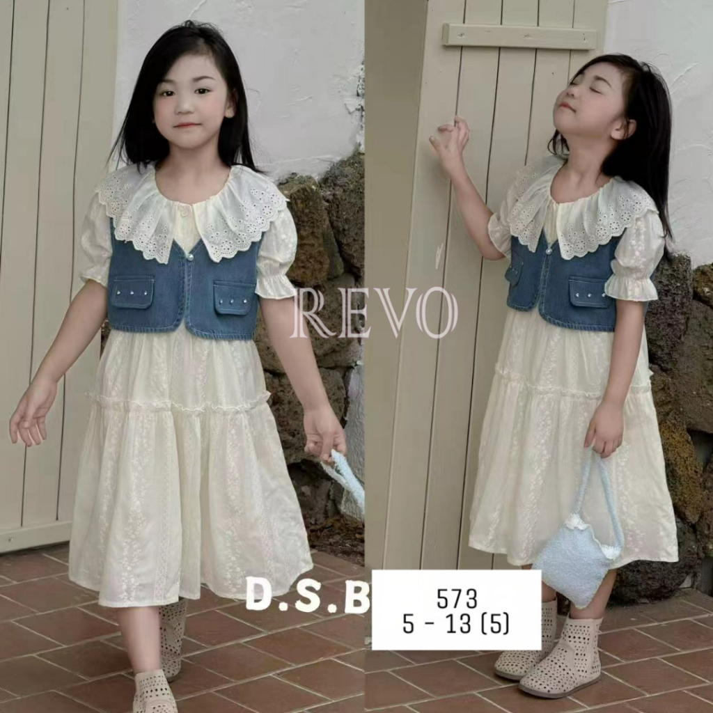 Yona Dress Anak Wanita Lengan Pendek Kerut + Rompi Jeans 57 // Revo Fashion