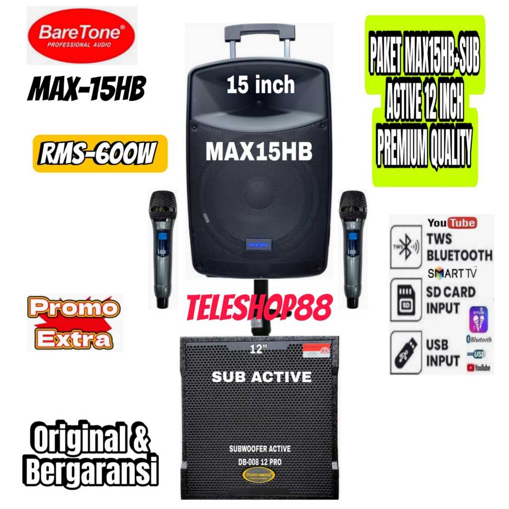Paket Premium Outdoor Indoor Speaker Portable Baretone MAX15HB+ Subwoofer 12 Inch Original