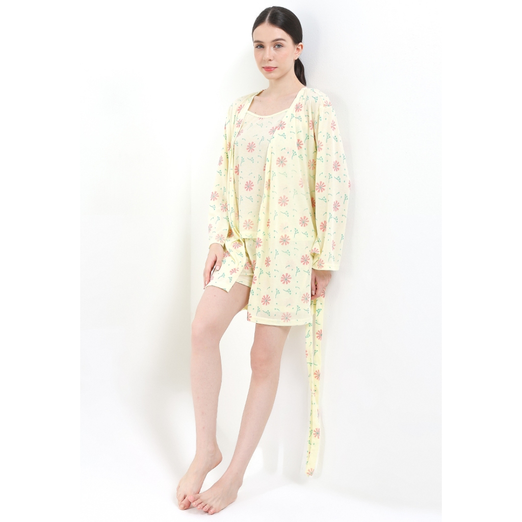 Kimono Tanktop Celana Pendek Baju Tidur Wanita Anne Wintours Kuning Bunga 307 (52508 71085 RK)(04112