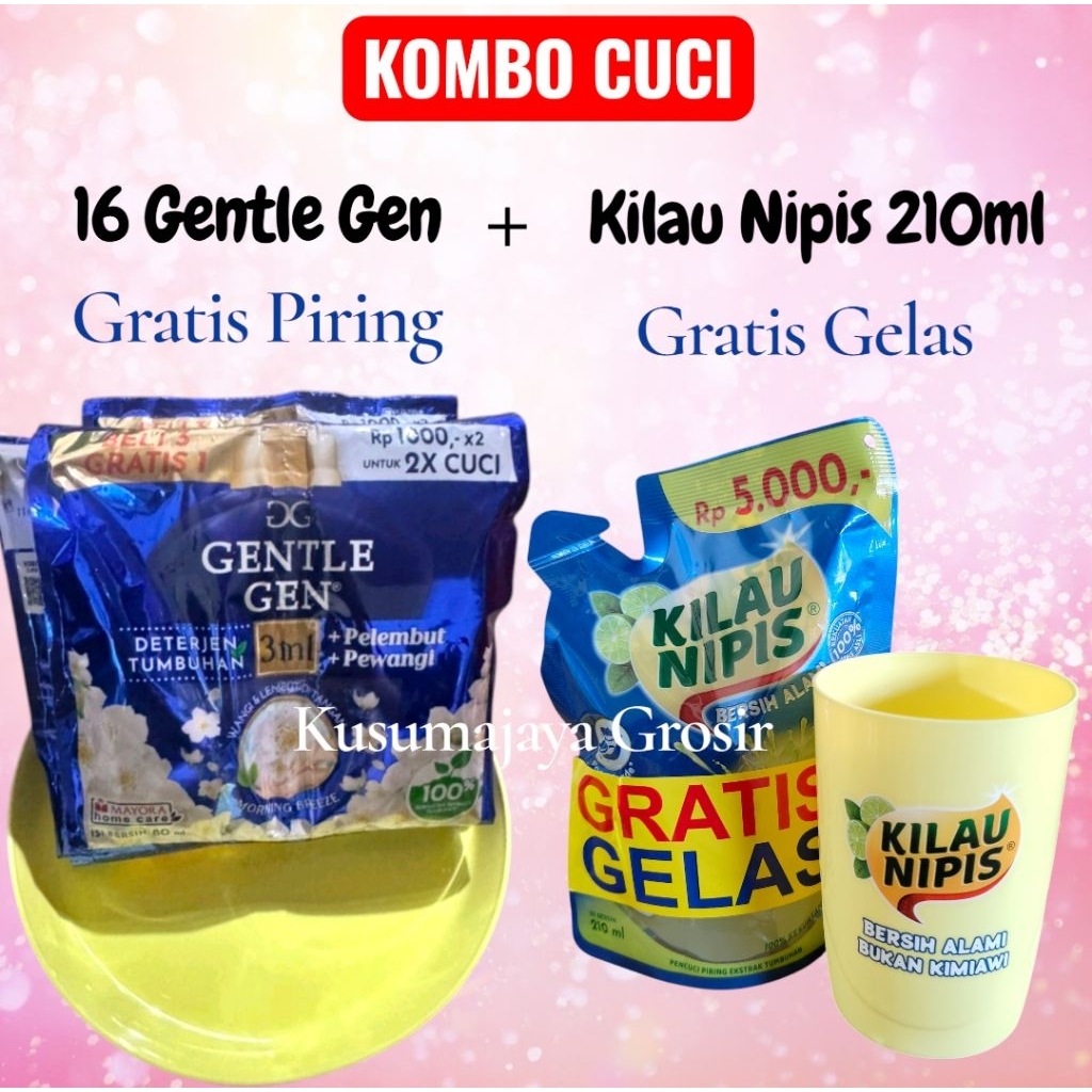 (Gratis Piring dan gelas) Kombo cuci 16 pcs gentle gen cair gratis piring dan kilau nipis cuci pirin