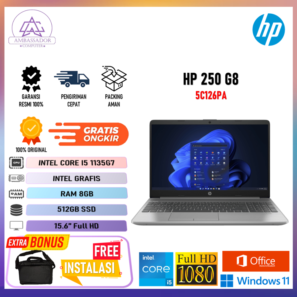 HP 250 G8 INTEL CORE I5 1135G7 RAM 8GB 512 SSD LAYAR 15.6" FULL HD