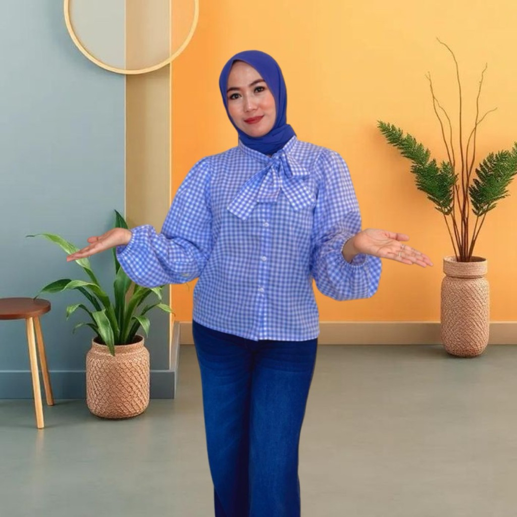 BLOUSE WANITA KOTAK  /KEMEJA PEREMPUAN MOTIF KOTAK KOTAK TANGAN BALON BAHAN KATUN
