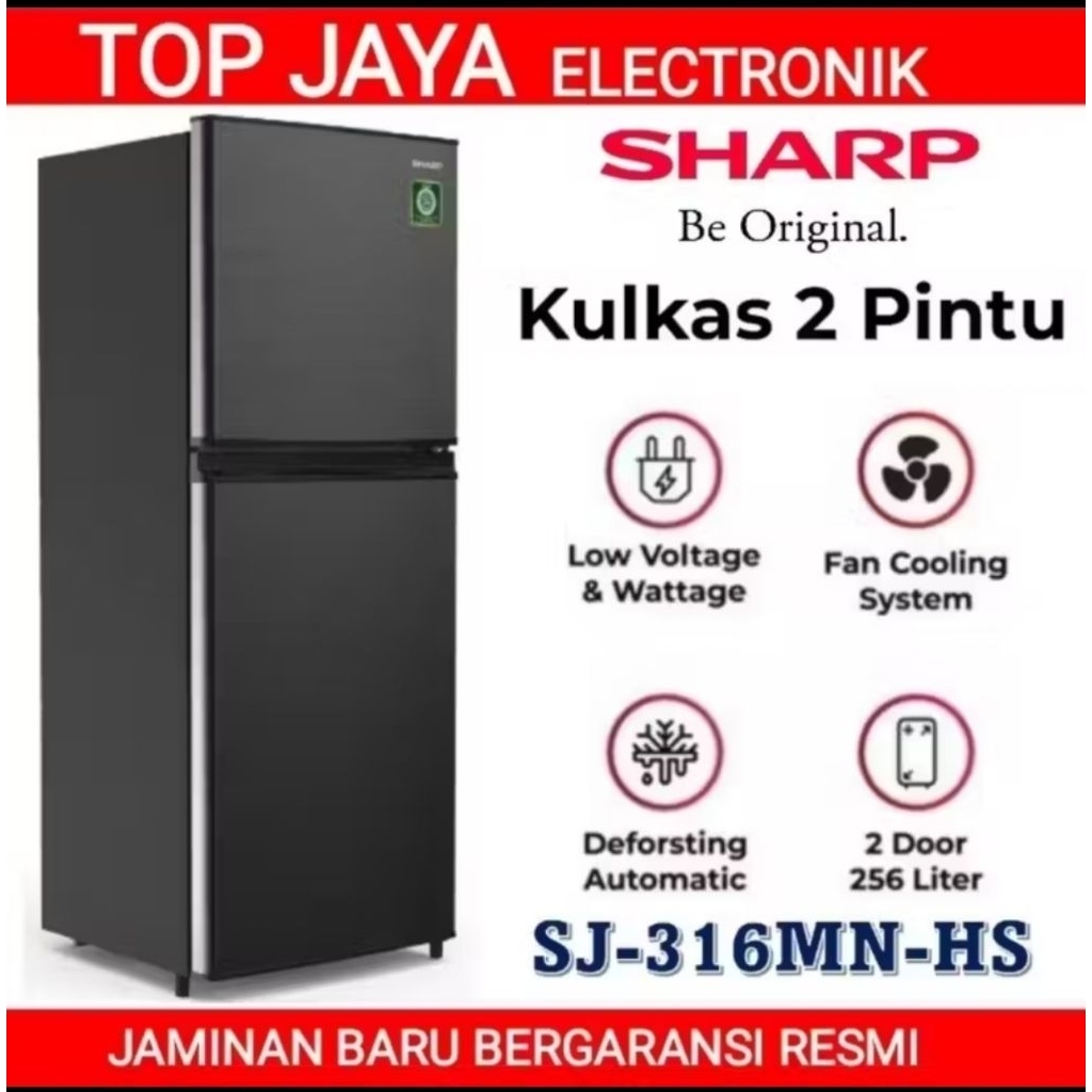 KULKAS 2 PINTU TANPA BUNGA ES SHARP SJ-M316MNHS 256 LITER/LEMARI ES TANPA BUNGA ES 2 PINTU SHARP