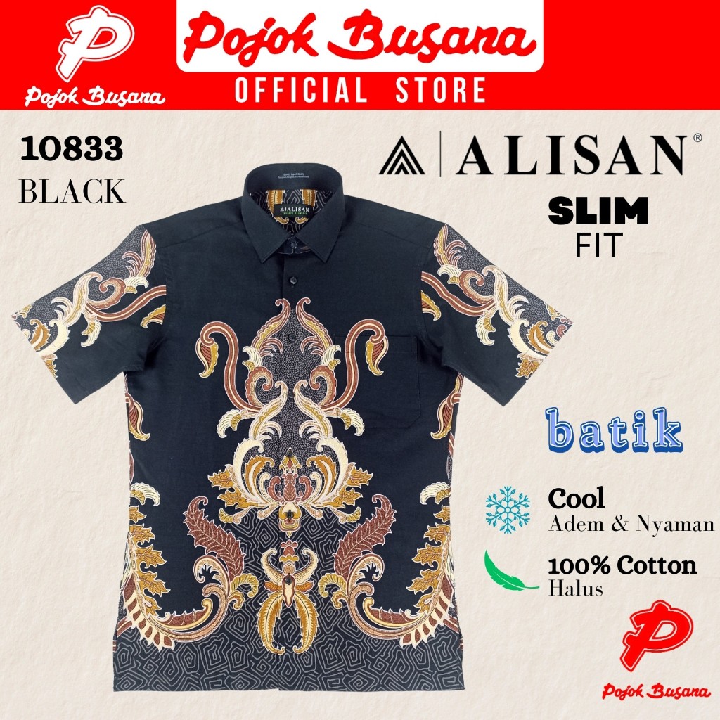 Pojok Busana Alisan Kemeja Batik Lengan Pendek Slim Fit Pria - Baju Batik Pesta Kerja Kantor Formal