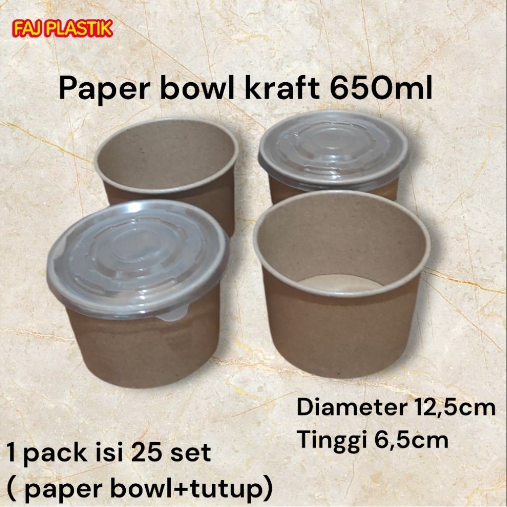 Paper bowl kraft 650 ml isi 25 set (paper bowl+tutup) paper bowl anti bocor paper bowl anti panas pa