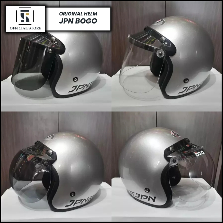 Helm JPN Bogo Silver Metalic - Helm Bogo Jpn Kaca Datar Kaca Cembung ORIGINAL SNI Helem Polos