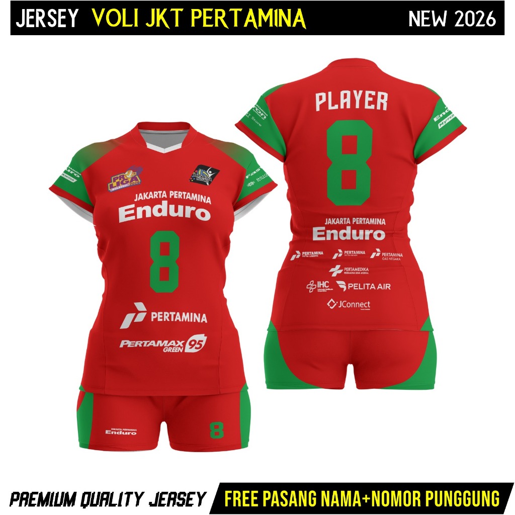 Baju Jersey Voli Putri JKT Pertamina merah Gratis Pasang Nama dan nomor punggung Stelan Volly Wanita