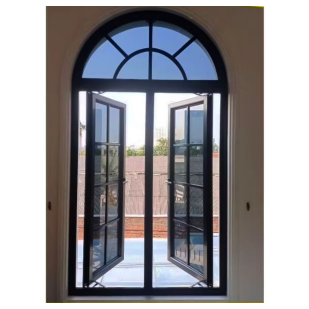 Jendela Lengkung Dua Daun Model Ornament Aluminium Kaca Kualitas Unggul untuk Rumah Modern