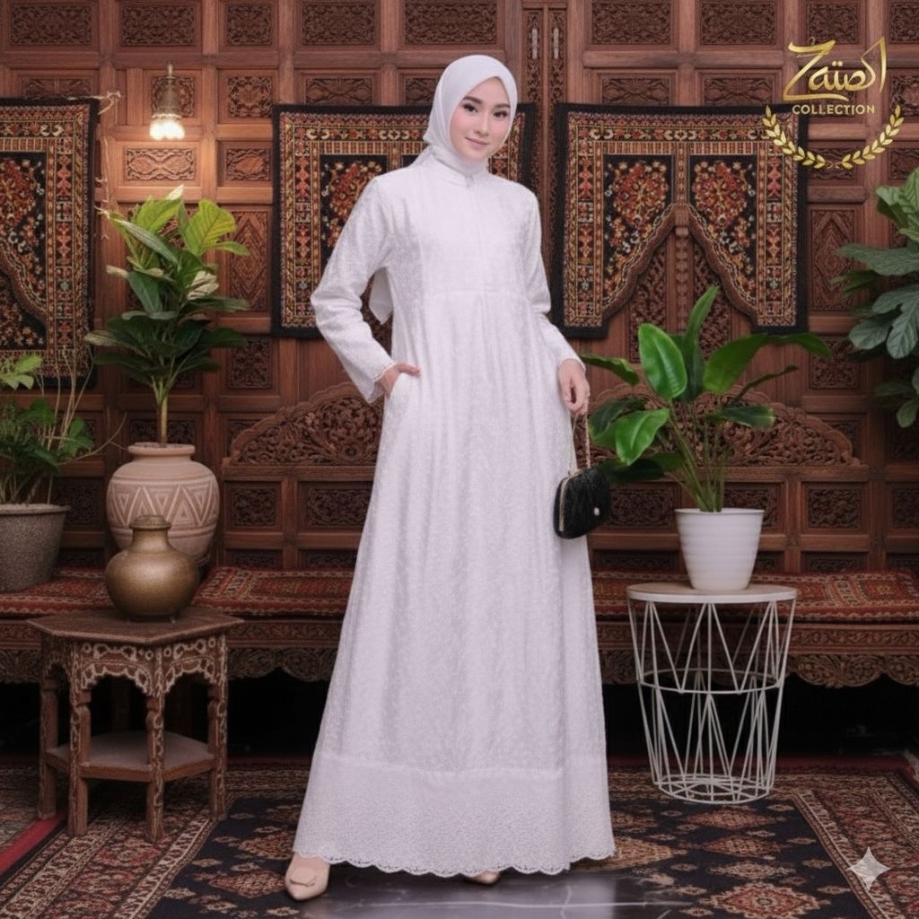 Gamis Sutra Paris Motif Renda Kerancang Putih, Gamis Dewasa