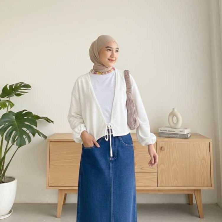 Kimono Crop Outer Wanita korean Style Tali Depan Lengan Balon Bahan Linen