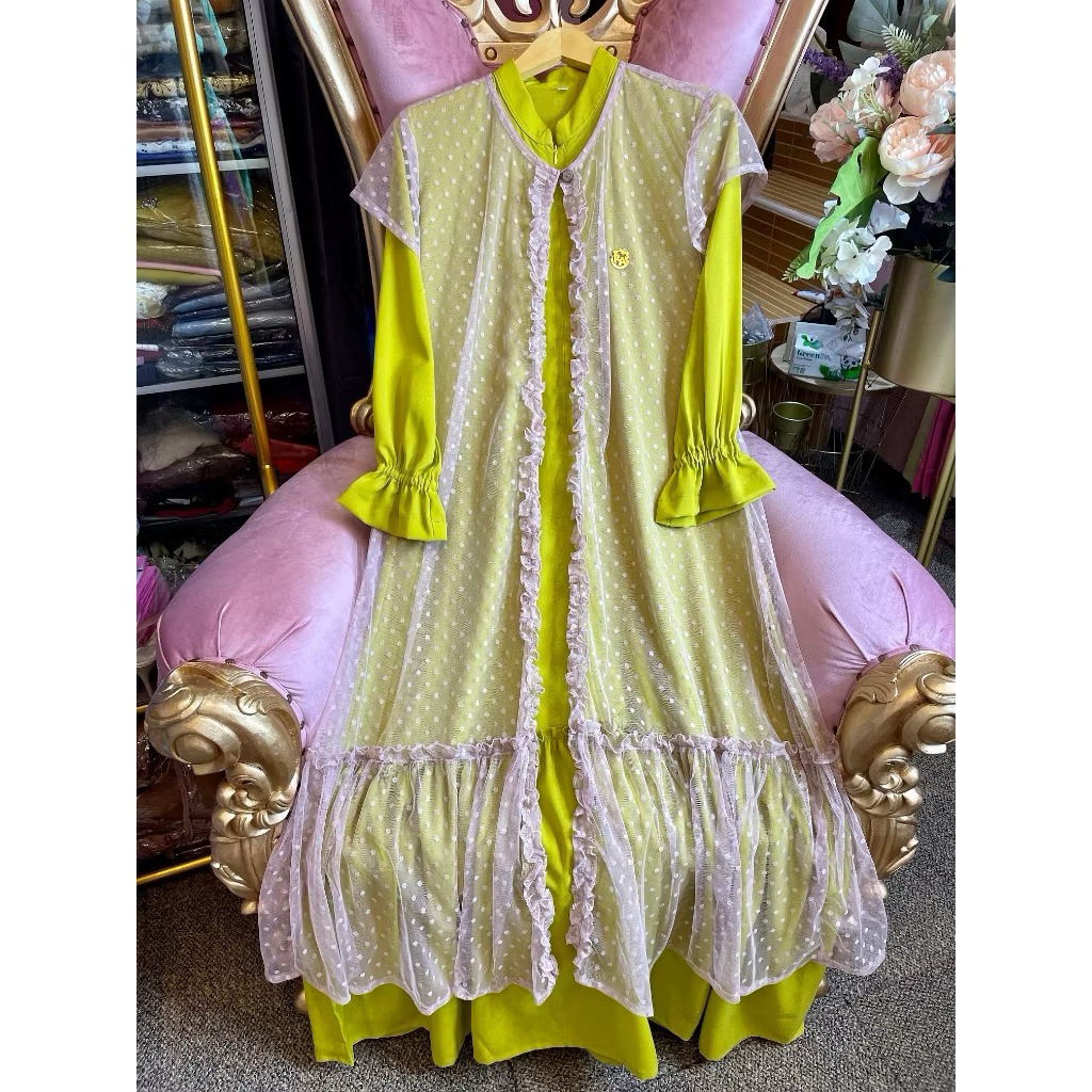 Aisha Set/gamis terbaru/Setelan lebaran 2025/Gamis tile polka/setelan outer/setelan gamis/outer tile