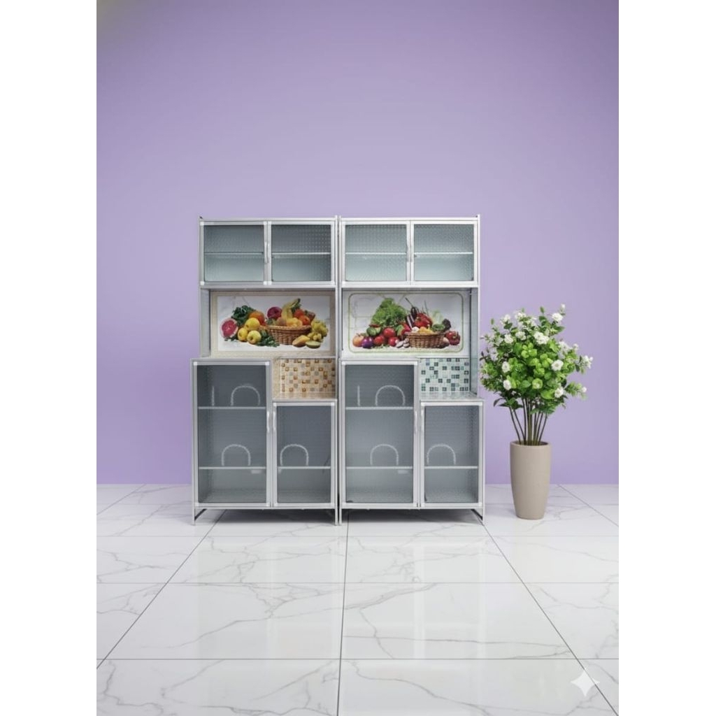 Rak Piring 2 Pintu / Rak Piring Kaca Keramik Alumunium / Lemari Dapur Keramik Minimalis Murah Bogor 