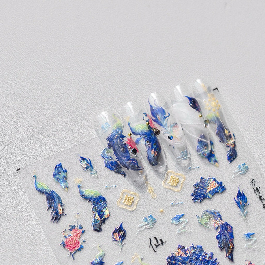 Tomoni nail sticker 5d TO 3391 motif burung merak dan kasuari