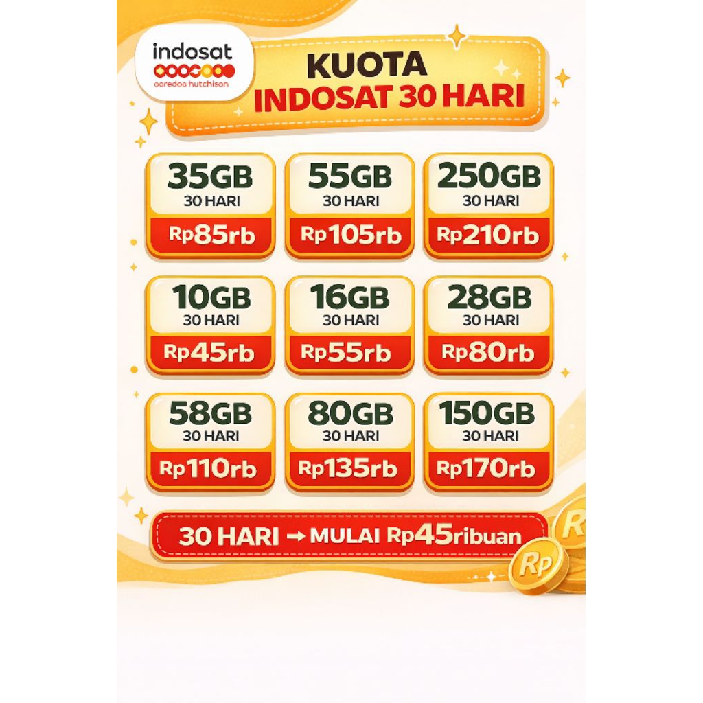 Paket data indosat 30 hari l kuota internet murah stabil l 35GB 55GB