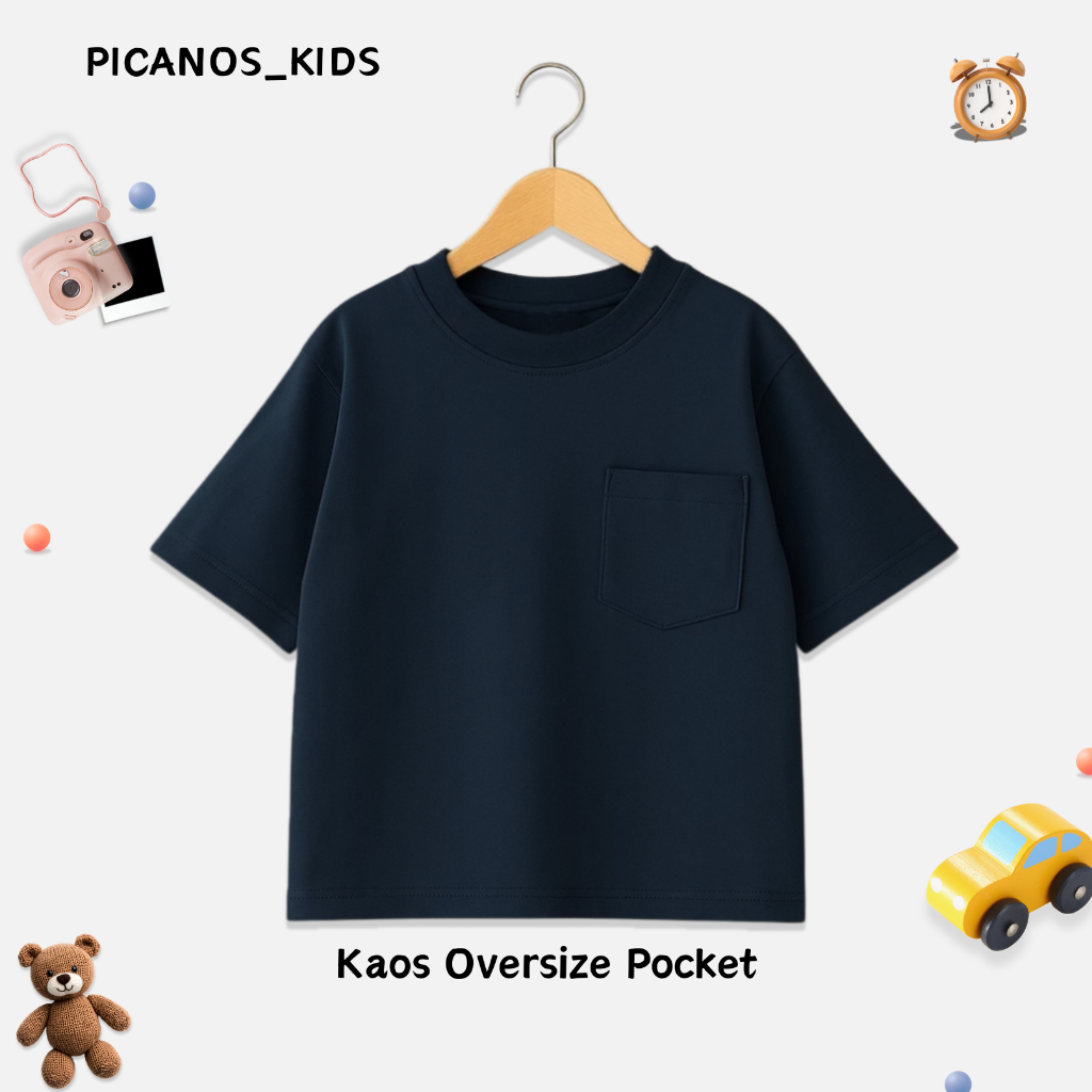 PICANOS KIDS - Kaos Polos Anak Oversize Biru Dongker / Kaos Pocket Anak Oversize Navy / Baju Pocket 