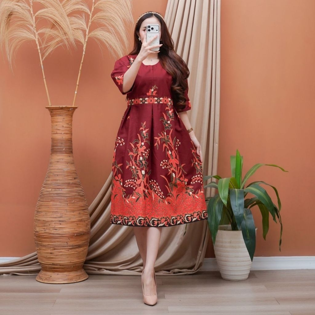 DRESS BATIK PREMIUM PESTA LENGAN BALON DRESS BATIK TERBARU LENGAN PENDEK BALON DRESS BATIK MODERN JU