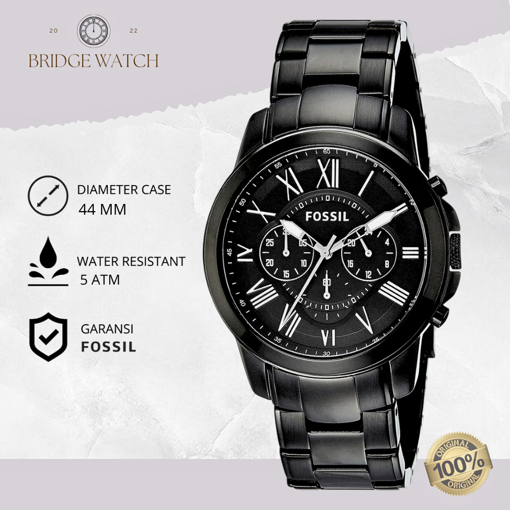 Jam Tangan Pria Fossil Grant FS4832 Chronograph Men Black Dial Black Stainless Steel Strap Mewah Cas