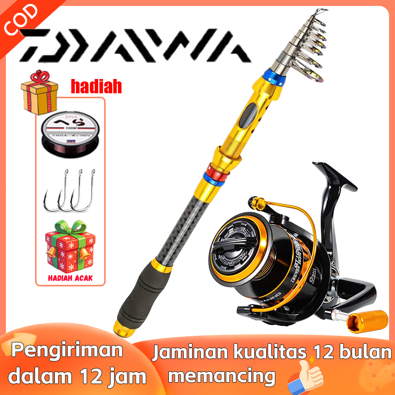 Setelan Pancing DAIWA - Joran Telescopic Serat Karbon + Reel Spinning (2.1-3.6m, 6-7 Bagian) Alat Le