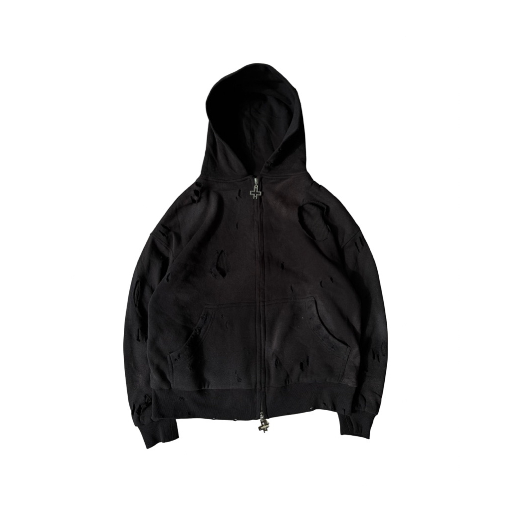 Hotel Official Washed Distressed Trashed Double Zip Hoodie Black