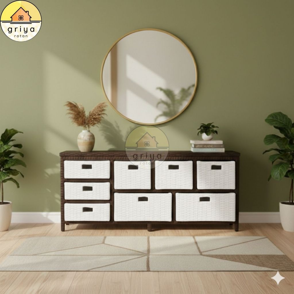 Lemari Tv Rotan Sintetis Meja Tv Murah Rak Laci Serbaguna 8 Laci