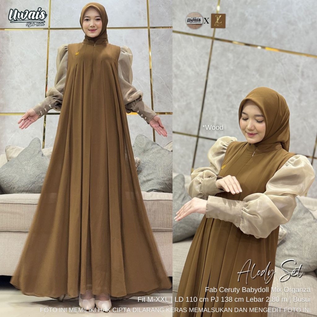 ALODY SET BY ZAZA LABEL ORIGINAL / ALODY SET GAMIS CERUTY BABYDOLL KOMBINASI LENGAN ORGANZA WANITA D