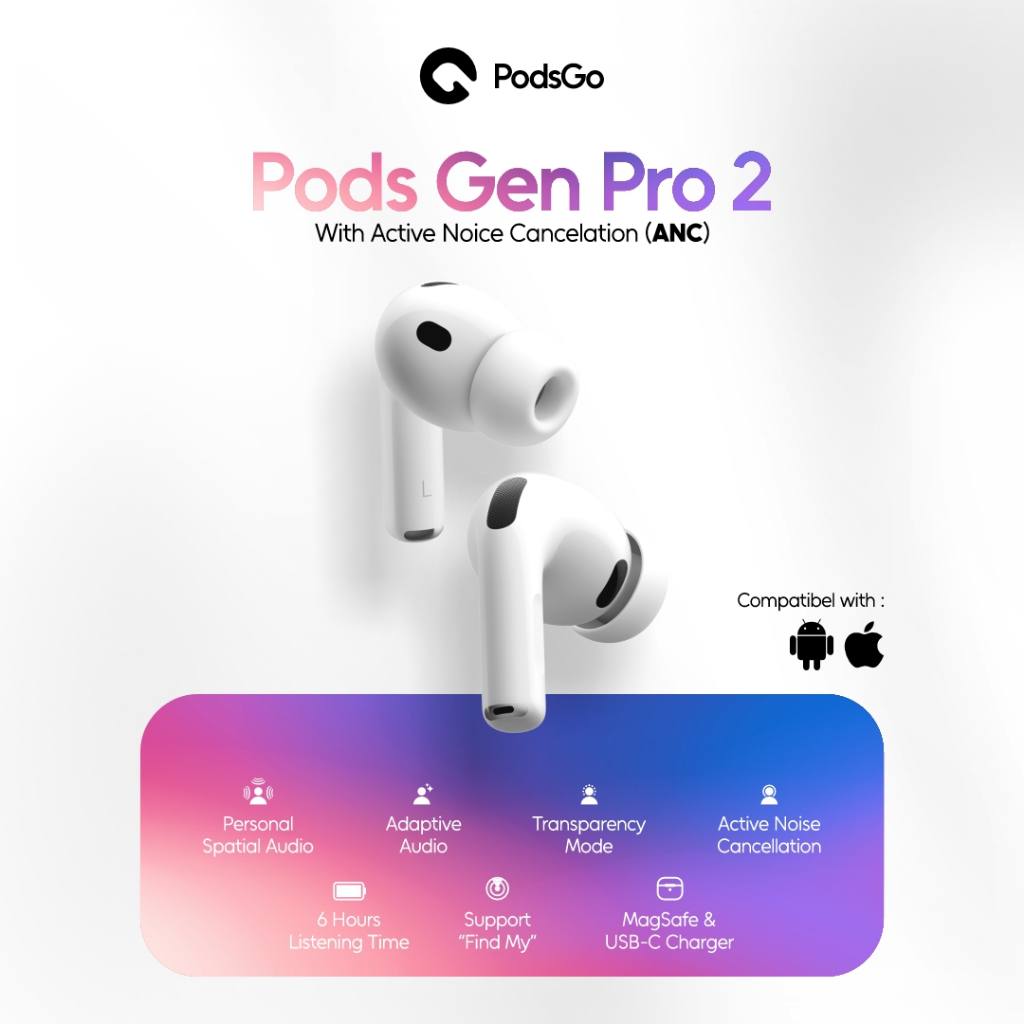PodsGo Gen Pro 2 ANC TWS Bluetooth Earbuds H2 Chip Wireless Charging Earphone IMEI Terdaftar 9D Hifi