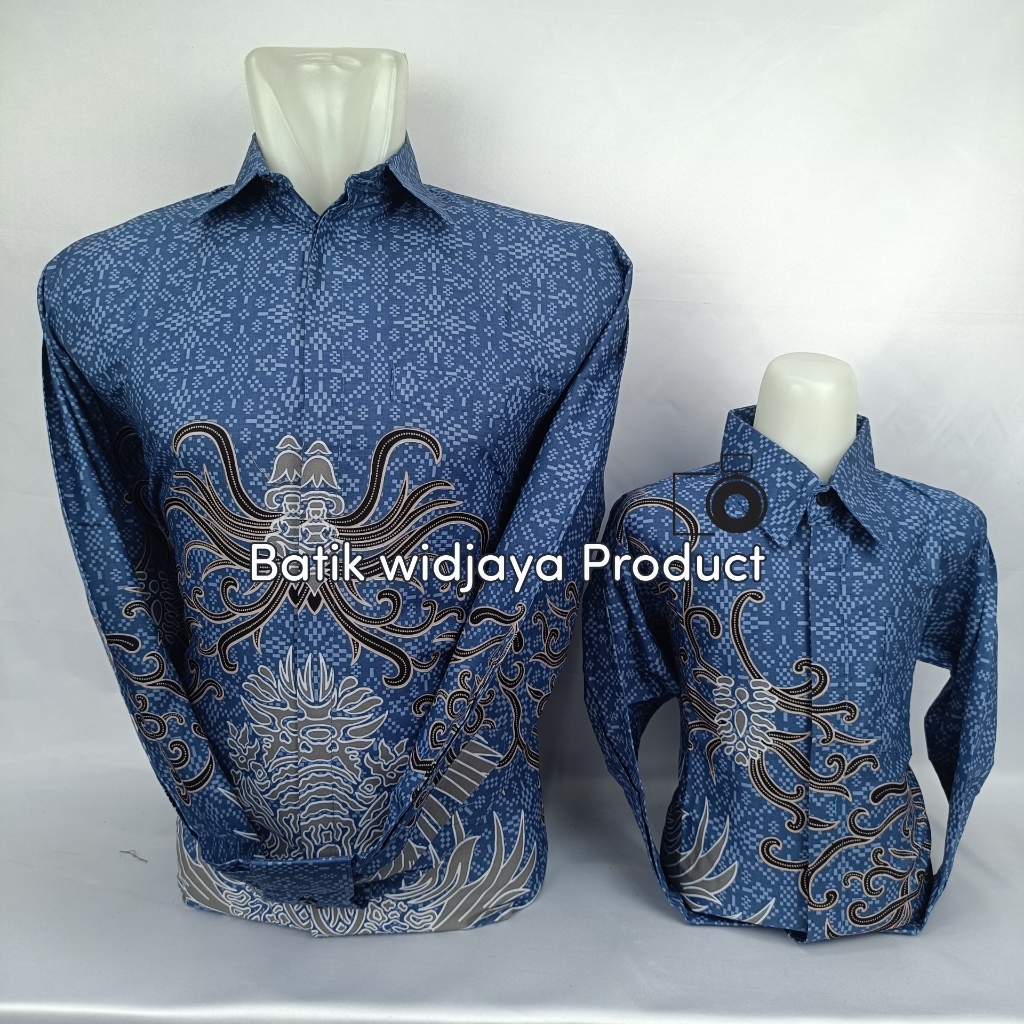 Batik Wijaya - Kemeja Batik Pria & Anak Couple Denim Blue Premium / Batik Sarimbit Ayah Anak Lengan 