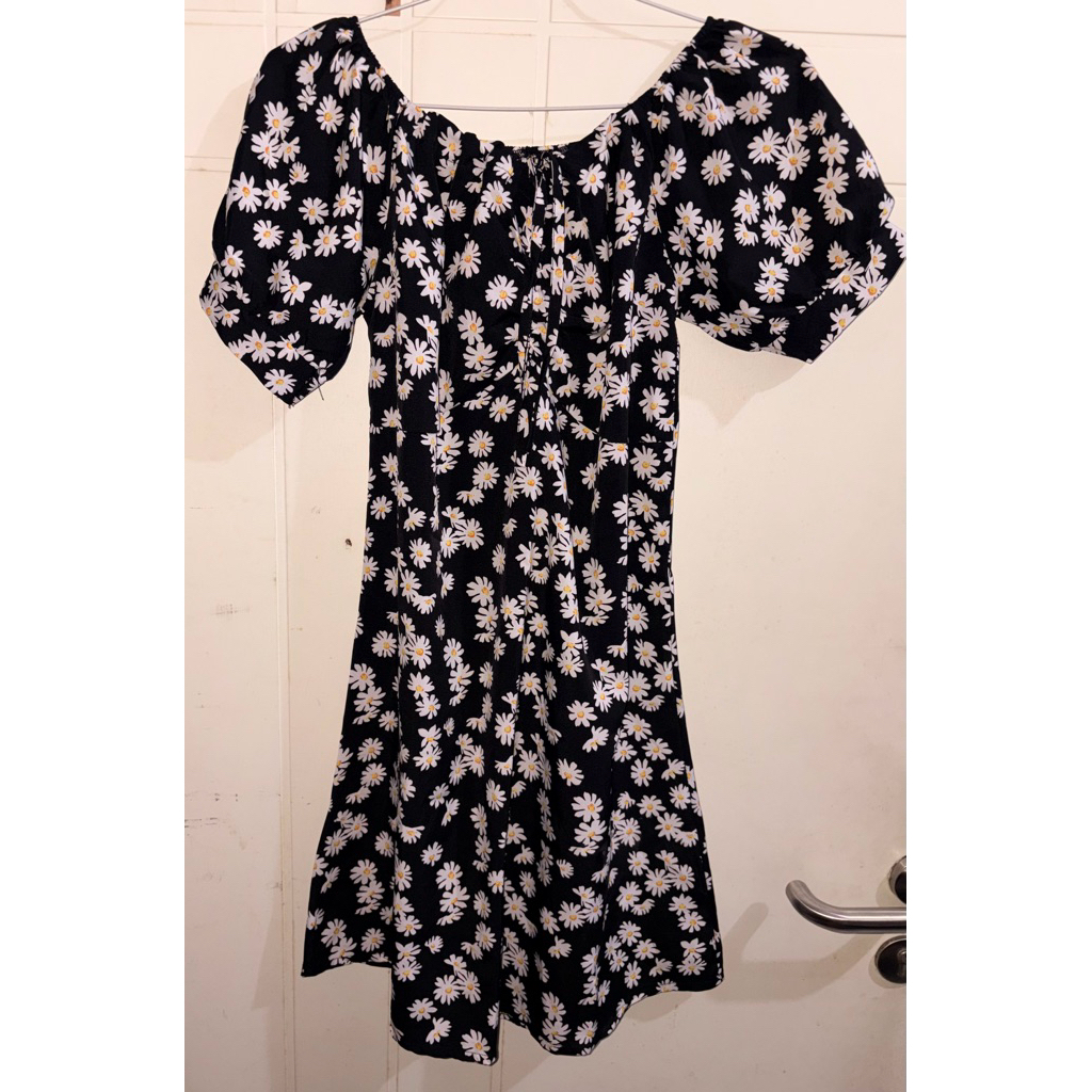 Dress korea casual motif bunga dress daisy lengan pendek