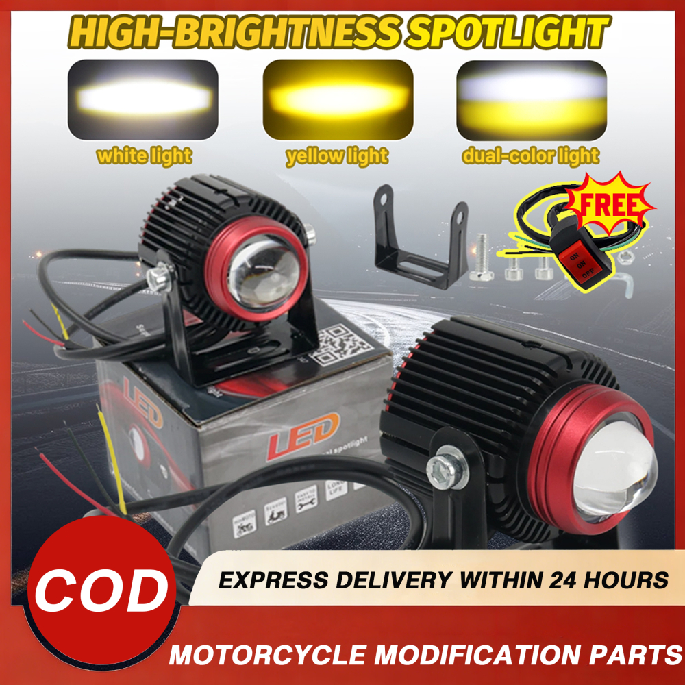 COD Led Dual Color Lens Spotlight External Motorcycle Car Yellow And White High Brightness Spotlight