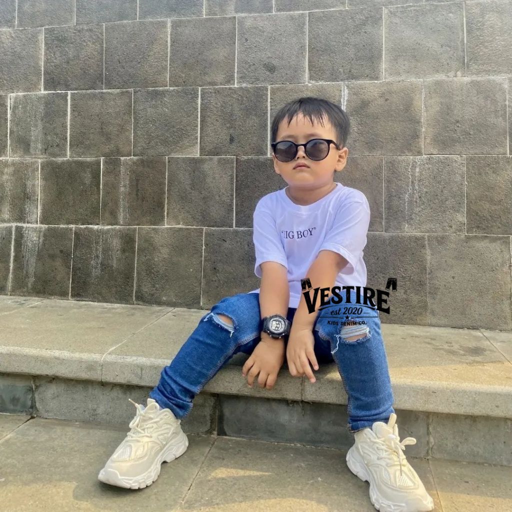 Celana Jeans anak umur 1 - 12 tahun warna blue jeans / biru pekat sobek lutut | Celana denim premium