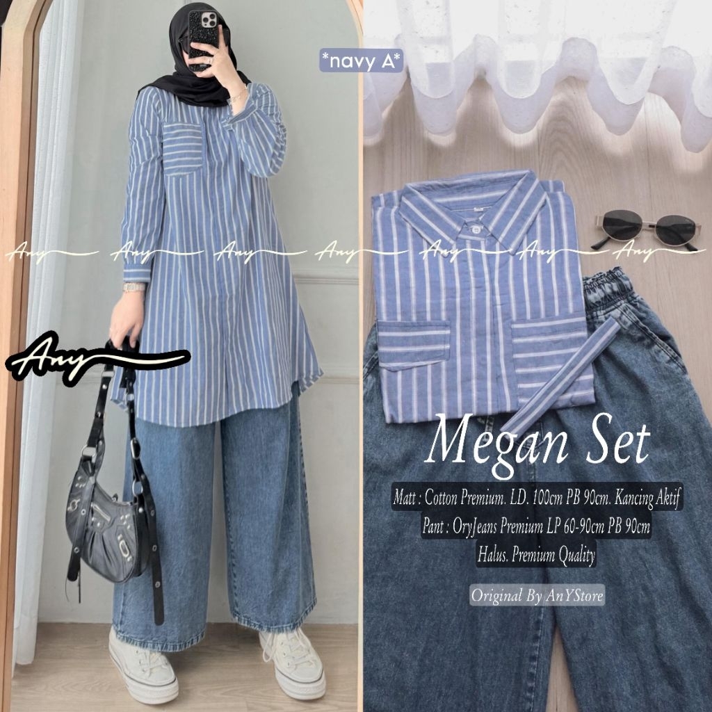 Megan one set wanita kekinian by A.N.Y celana jins cutbray celana kulot highwais denim long tunik ju