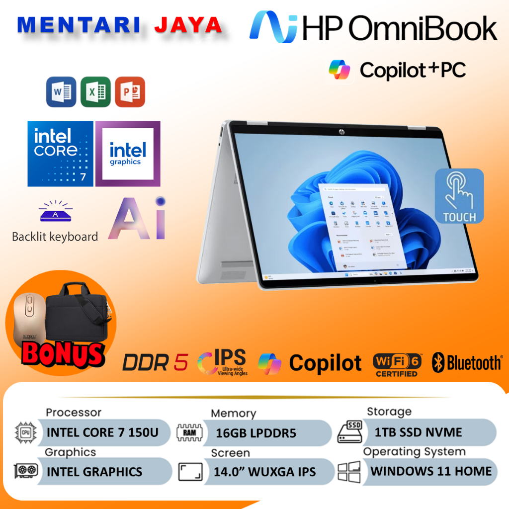 Laptop HP Omnibook 5 Flip 14 Core 7 150U 16GB DDR5 1TB SSD Touchscreen Silver Baru