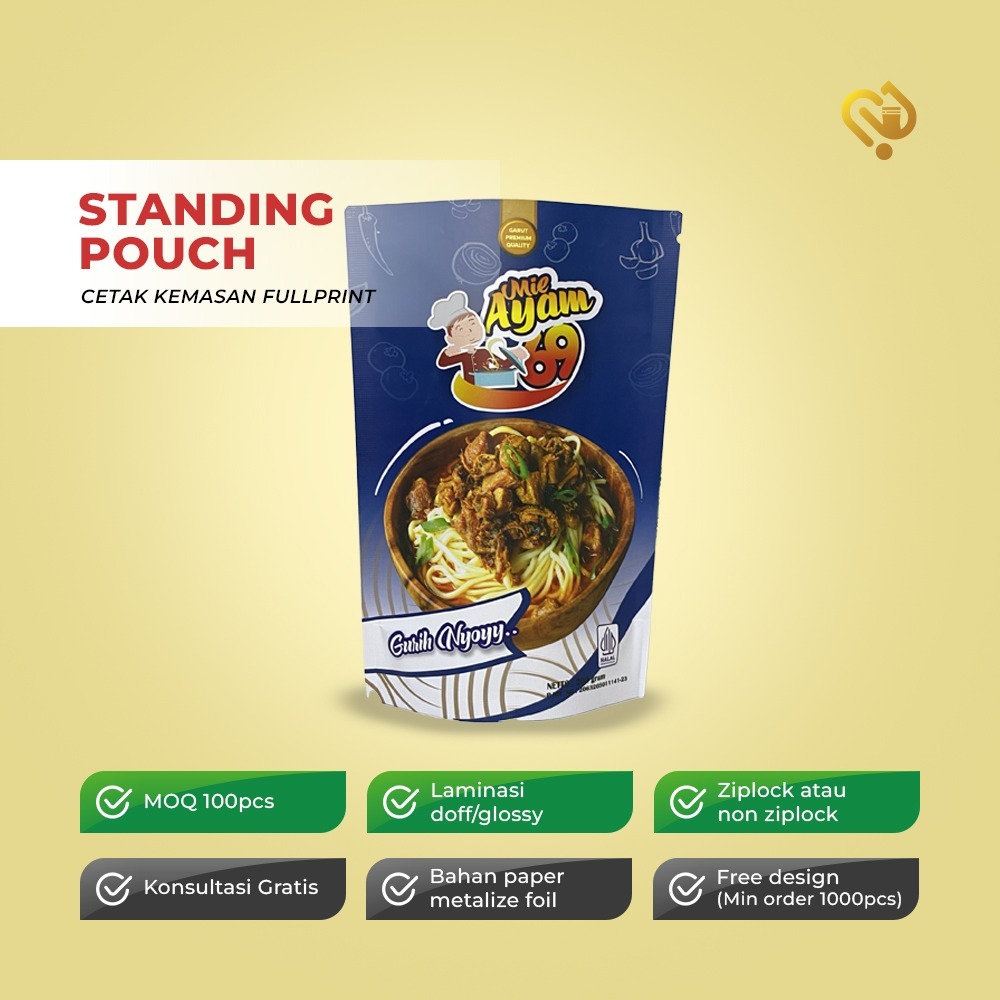 (1000)Standing Pouch CUSTOM Non Ziplock Metalize Foil KEMASAN Makanan Ukuran L