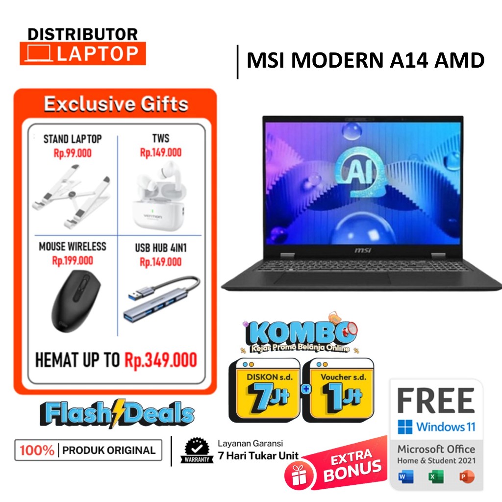 MSI Modern A14 F2HMG AMD RYZEN 7 250 RYZEN 5 220 8GB 512GB SSD RADEON W11 OHS - LAPTOP ULTRABOOK
