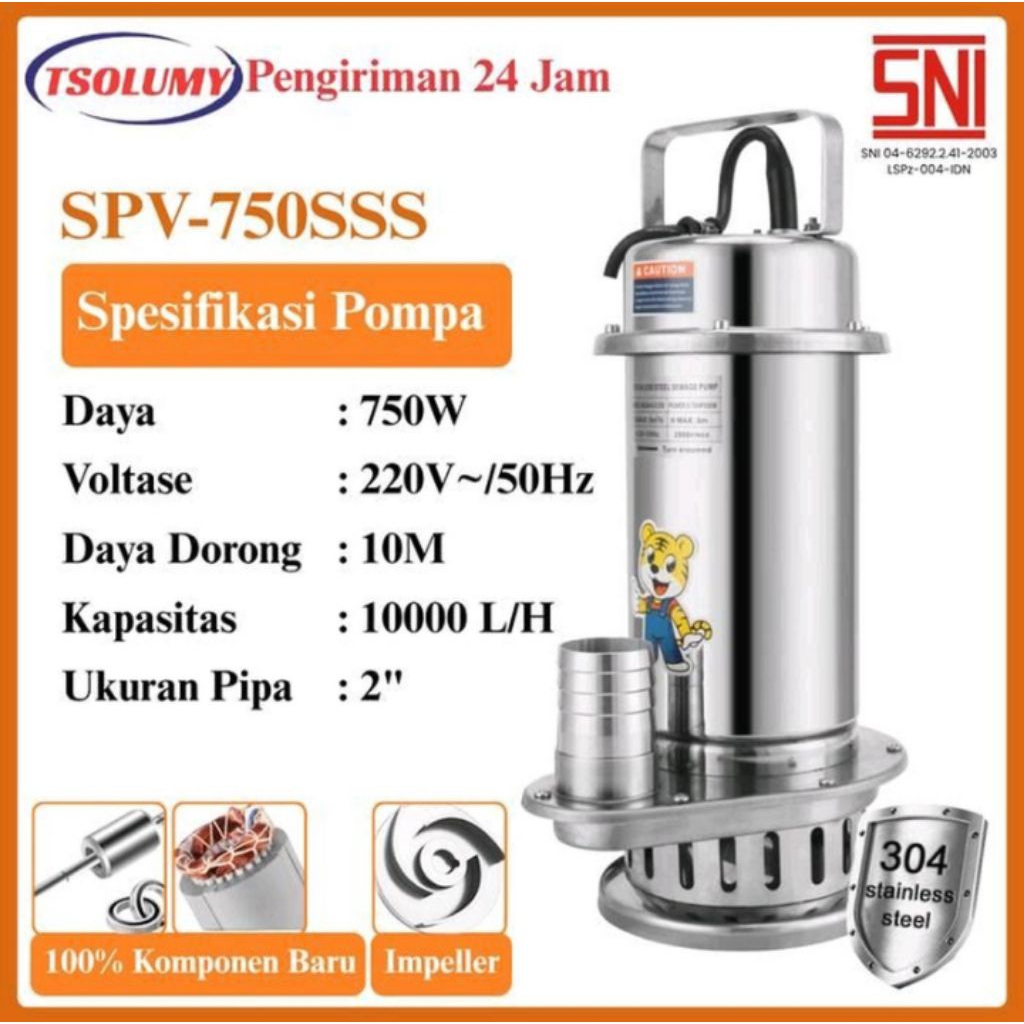 Tsolumy Pompa Celup Air Kotor SPV-750SSS Pompa Limbah Pompa Kimia