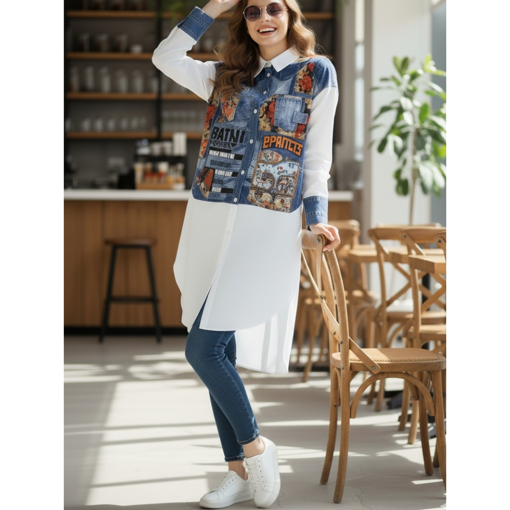 Tunik Wanita Printed Motif Denim One Size Hitam Putih Elegan Luxury