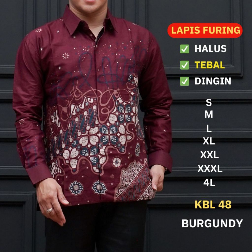 Batik Pria Lapis Furing Kemeja Lengan Panjang Standar & Jumbo Warna Mahogany Batik Ambari KBL 48